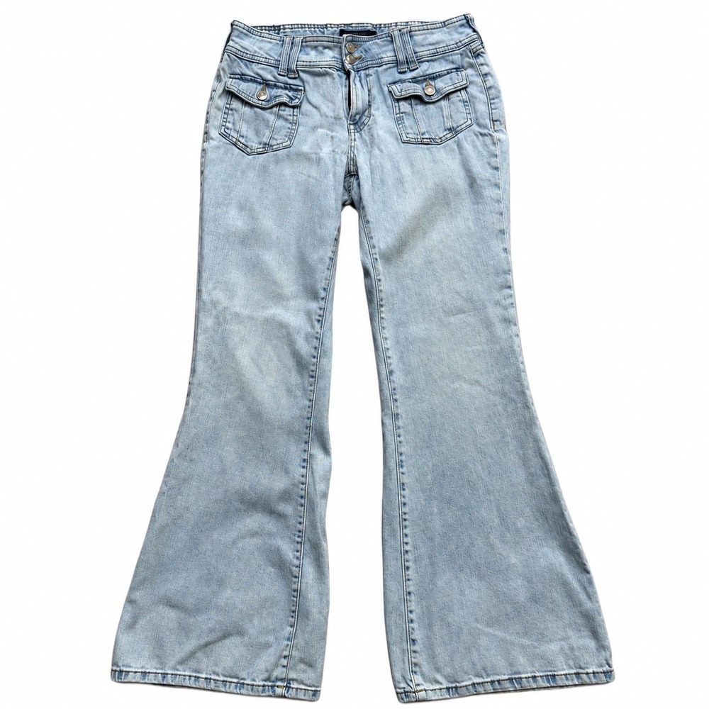 Aeropostale Low Rise Flare Jeans Light Wash Cargo Pocket Denim Size 8 Y2K Style